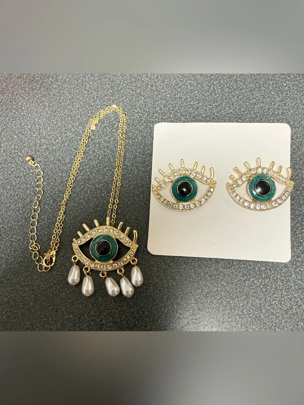 Gold-Tone Teal Green Evil Eye Necklace & Earrings Set with Pearl Drops